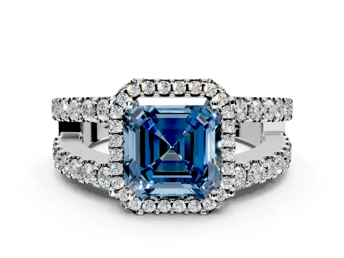 Halo Engagement Ring Setting for Fancy Blue Asscher Cut Center with Wide-Open Pave Split Shank and Prong Head in Platinum