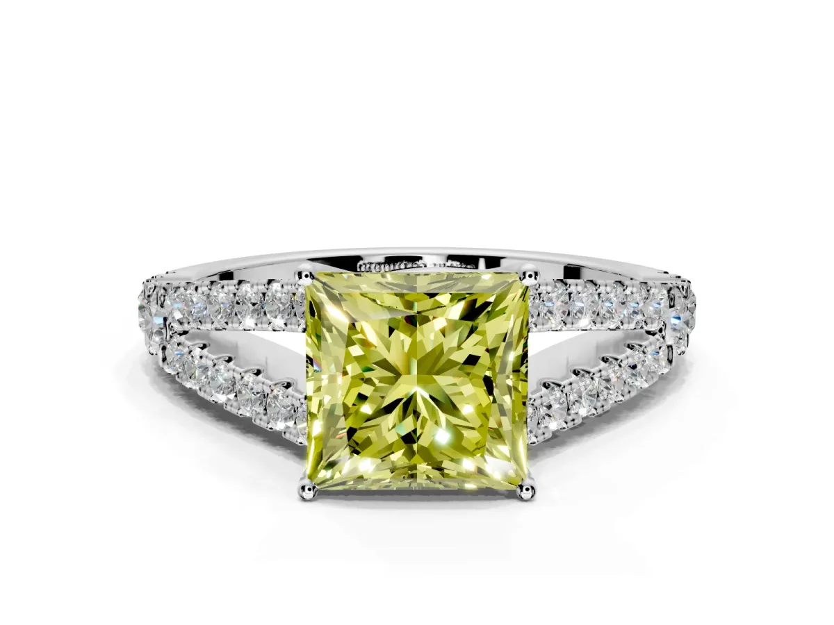 Solitaire Engagement Ring Setting for Fancy Yellow Princess Cut Center with Pave Split Shank and Prong Head in White Gold
