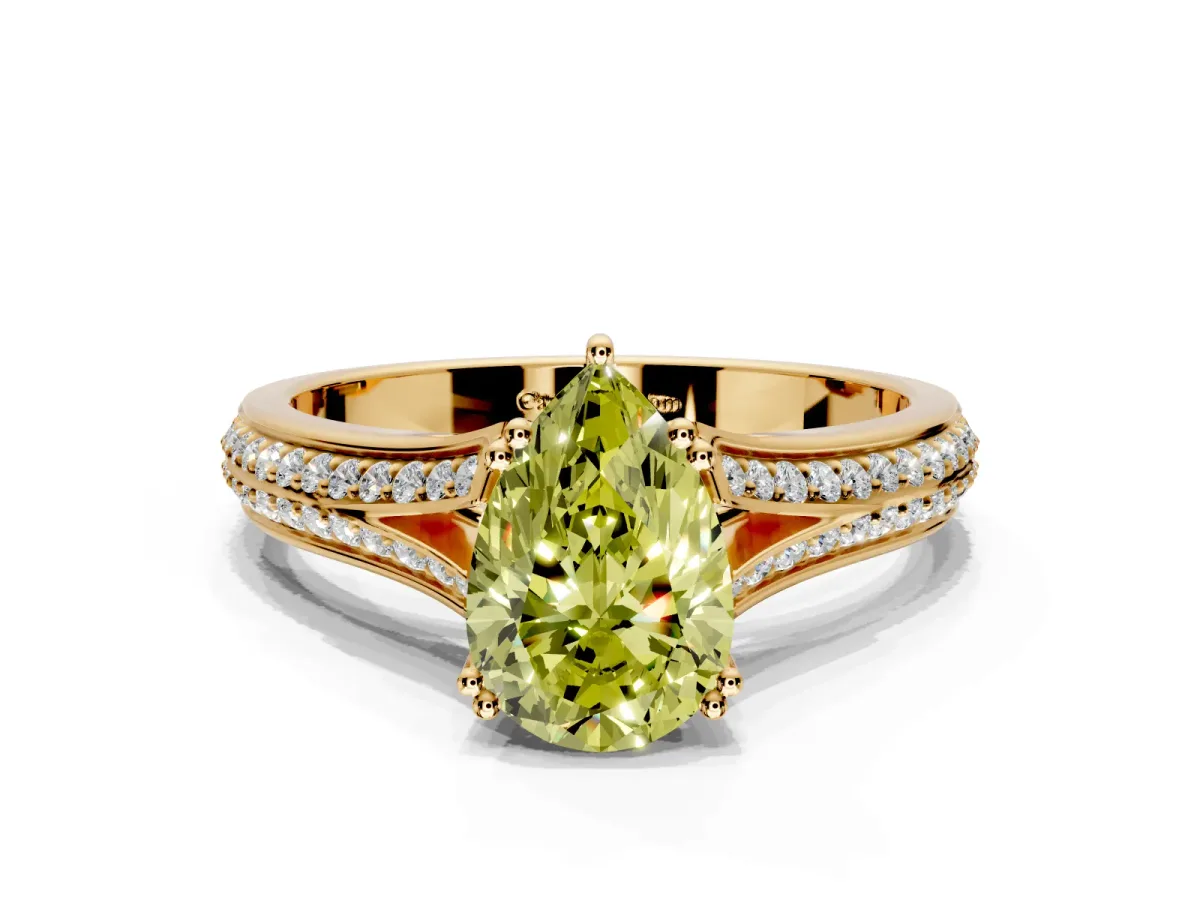 Solitaire Engagement Ring Setting for Fancy Yellow Pear-Shaped Center with Pave Rail Split Shank and Prong Head in Yellow Gold
