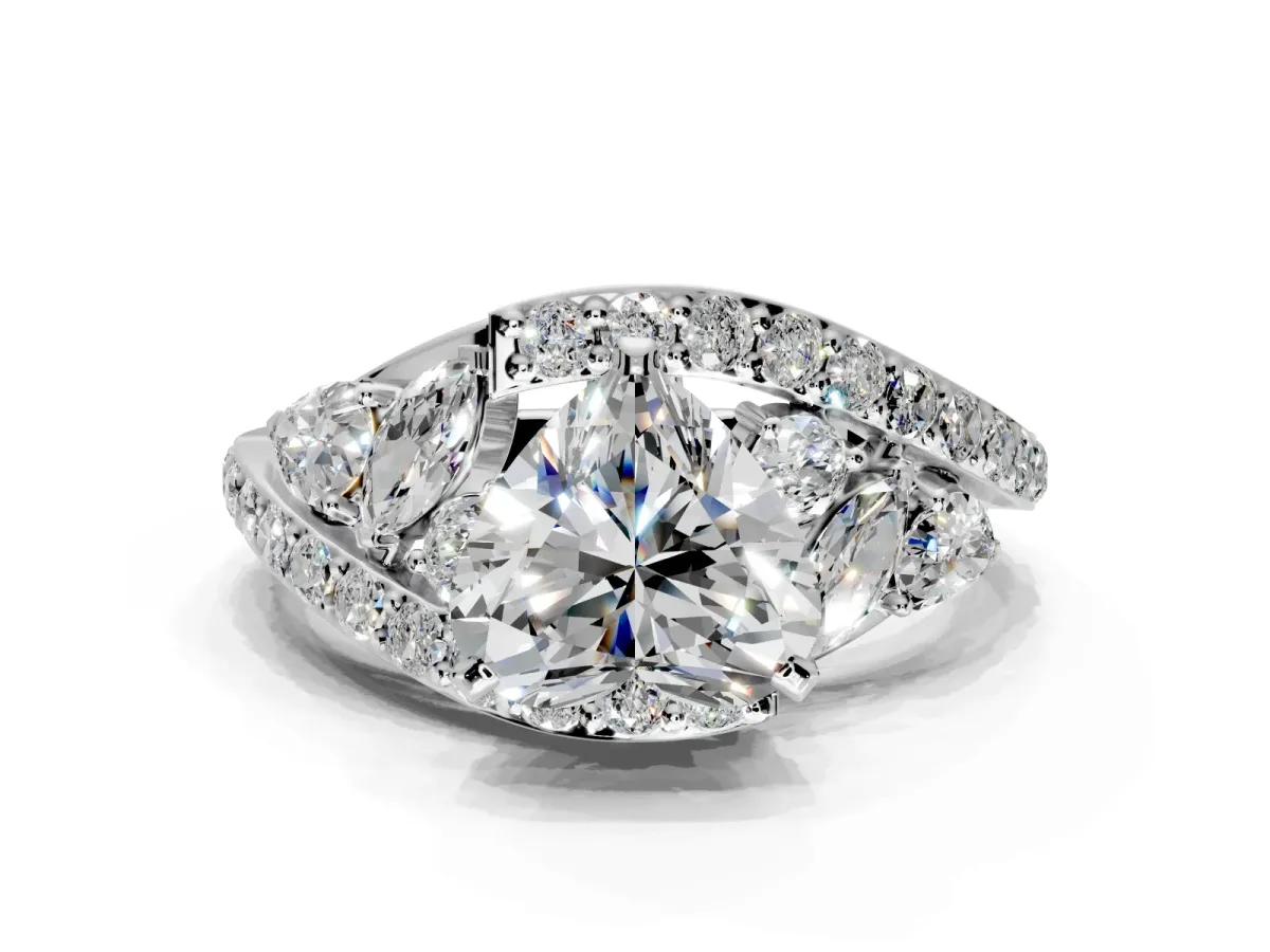Halo Engagement Ring Setting for Heart-Shaped Center with Marquise and Pave Bypass Band and Prong Head in Sterling Silver