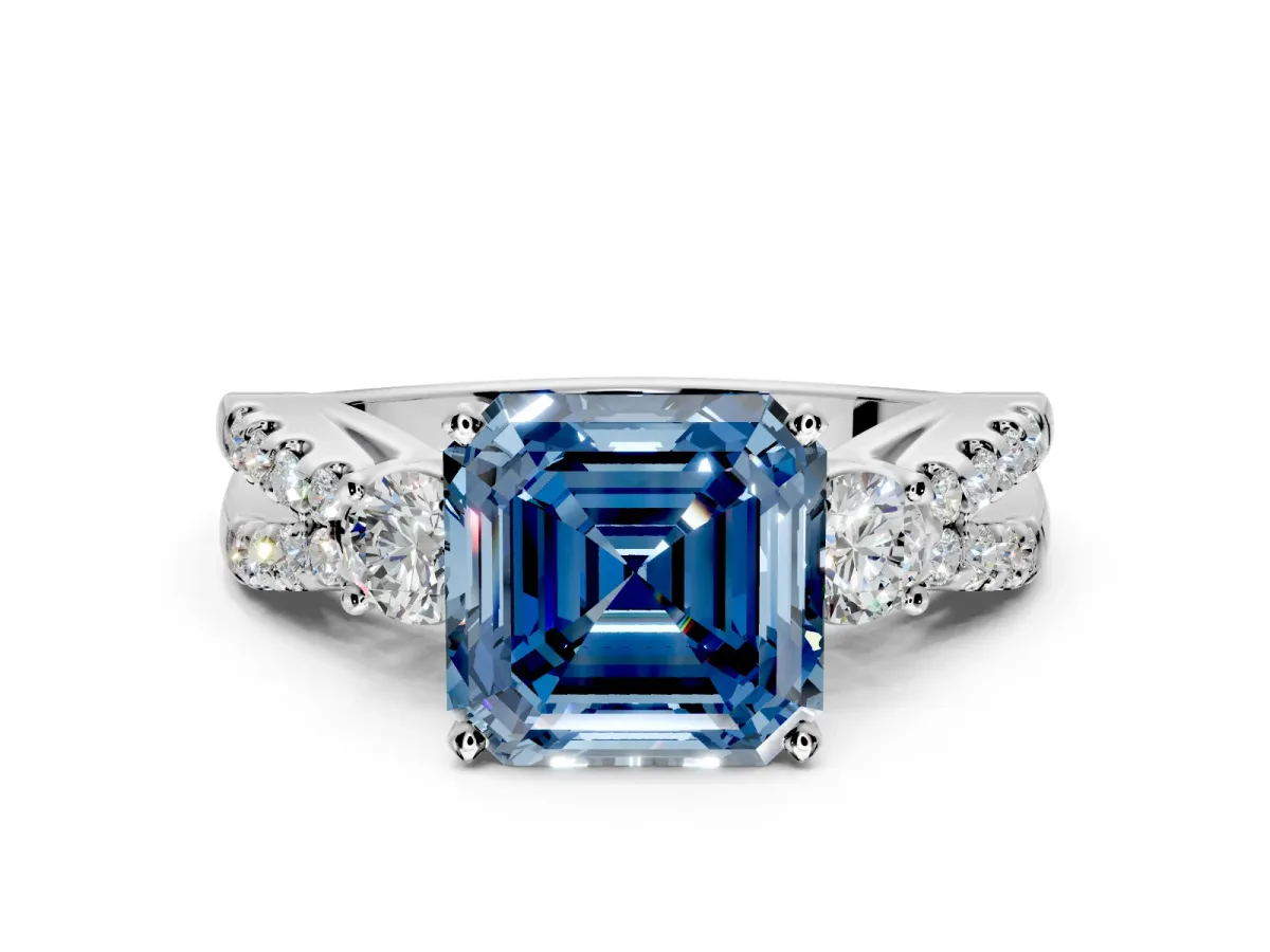 3 Stone Engagement Ring Setting for Fancy Blue Asscher Cut Center with Pave Split Shank and Prong Head in Platinum