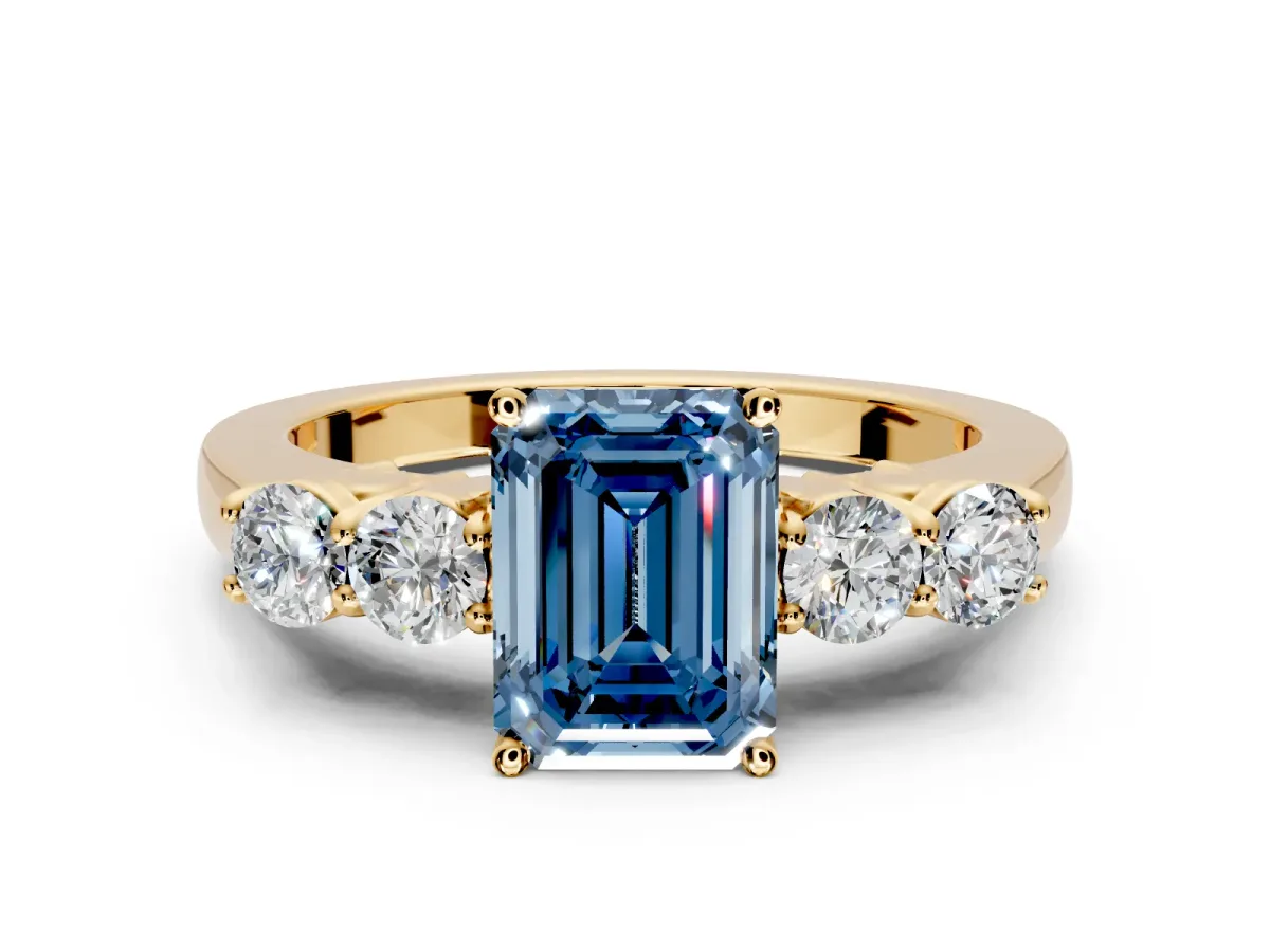 5 Stone Engagement Ring Setting for Fancy Blue Emerald Cut Center with Equal Close-Set Accents and Prong Head in Yellow Gold
