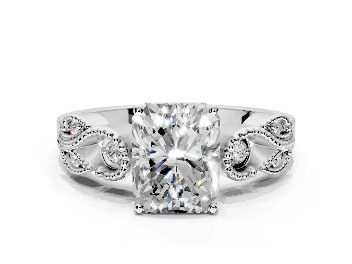 Leaf Engagement Ring Setting for Radiant Cut Center with Milgrain Accent Band and Prong Head in Sterling Silver