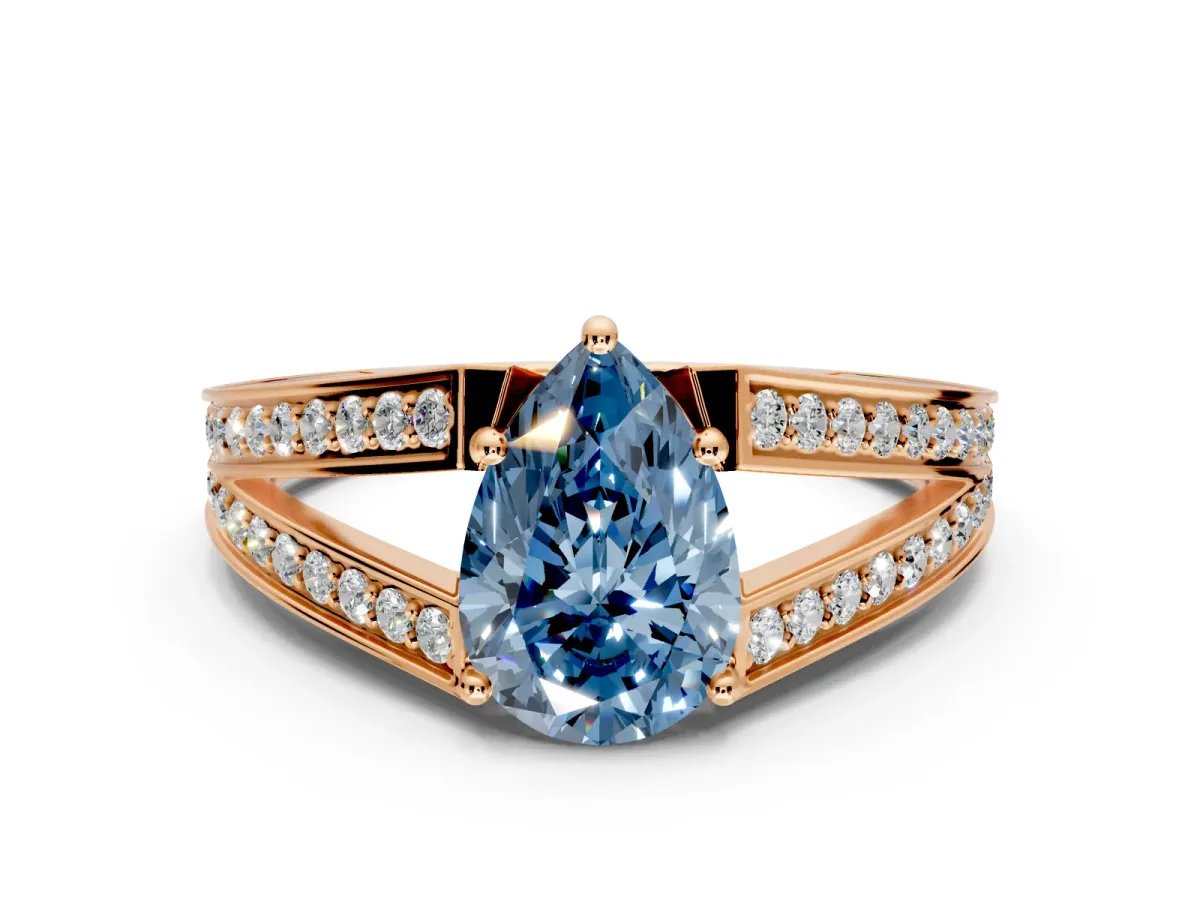 Split Shank Engagement Ring Setting for Fancy Blue Pear-Shaped Center with Pave Split Shank and Prong Head in Rose Gold