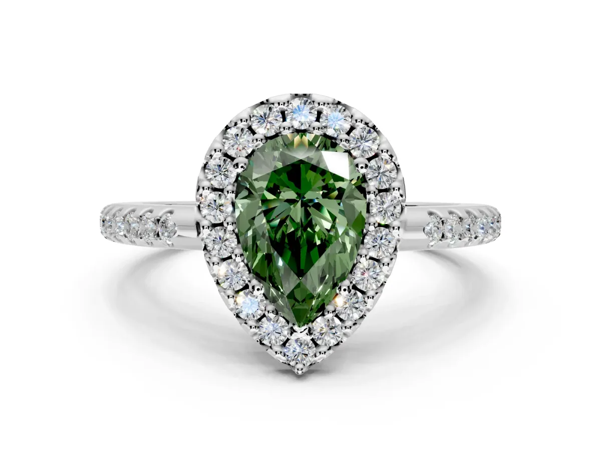 Pave Halo Engagement Ring Setting for Fancy Green Pear-Shaped Center with Single Row Pave Band and Prong Head in Platinum