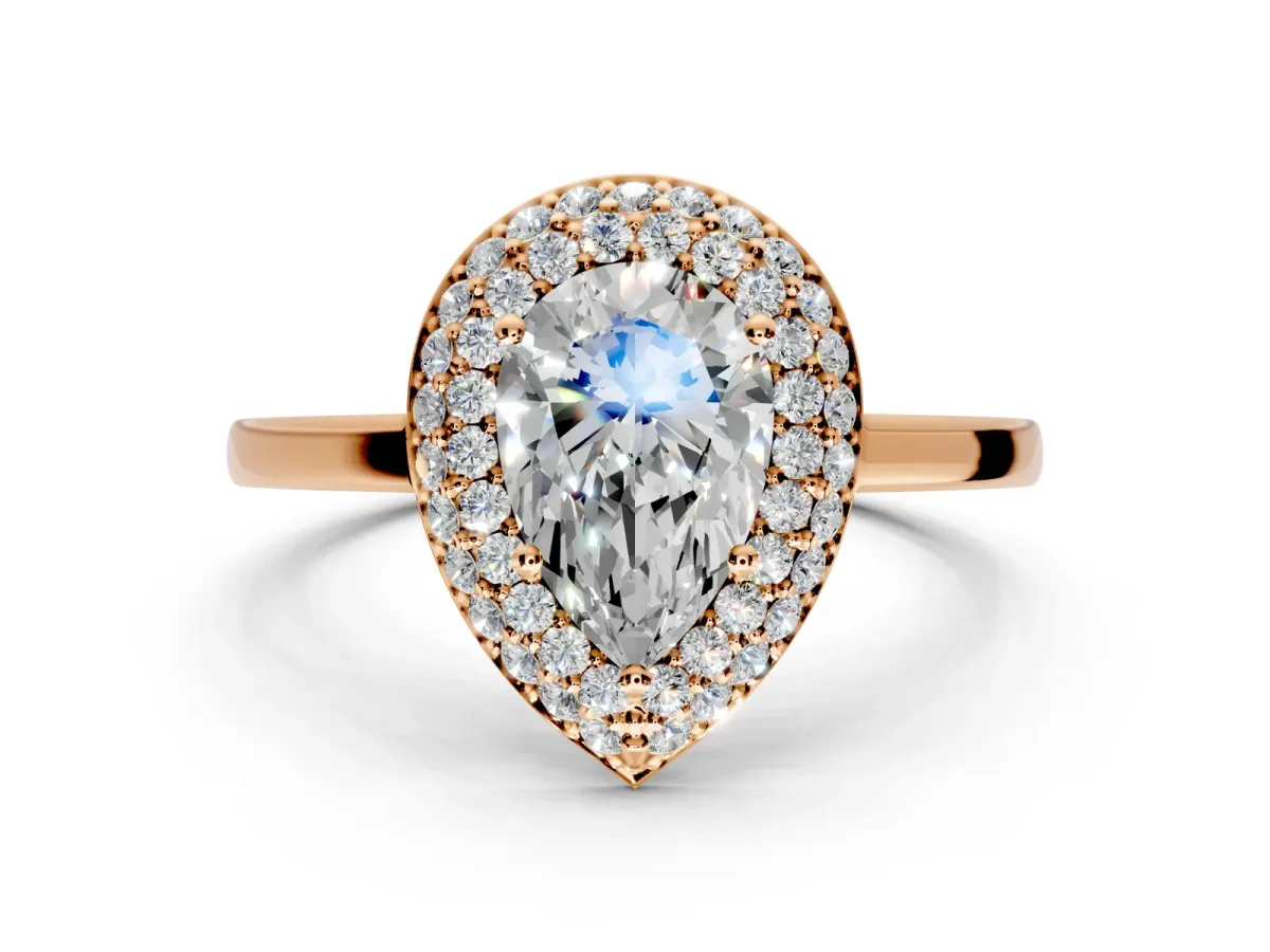 Halo Engagement Ring Setting for Pear-Shaped Center with Plain Tapered Band and Prong Head in Rose Gold