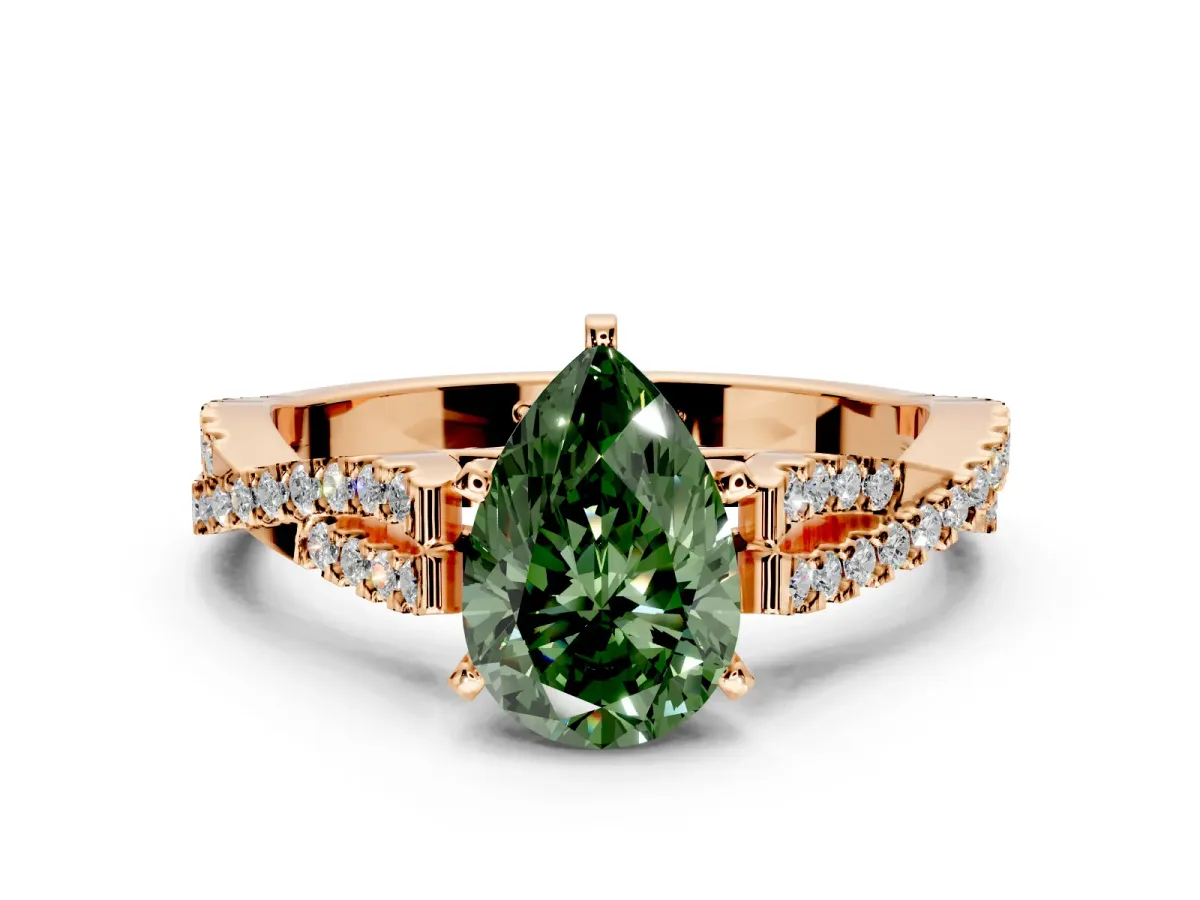 Solitaire Engagement Ring Setting for Fancy Green Pear-Shaped Center with Twisted Pave Split Shank and Prong Head in Rose Gold