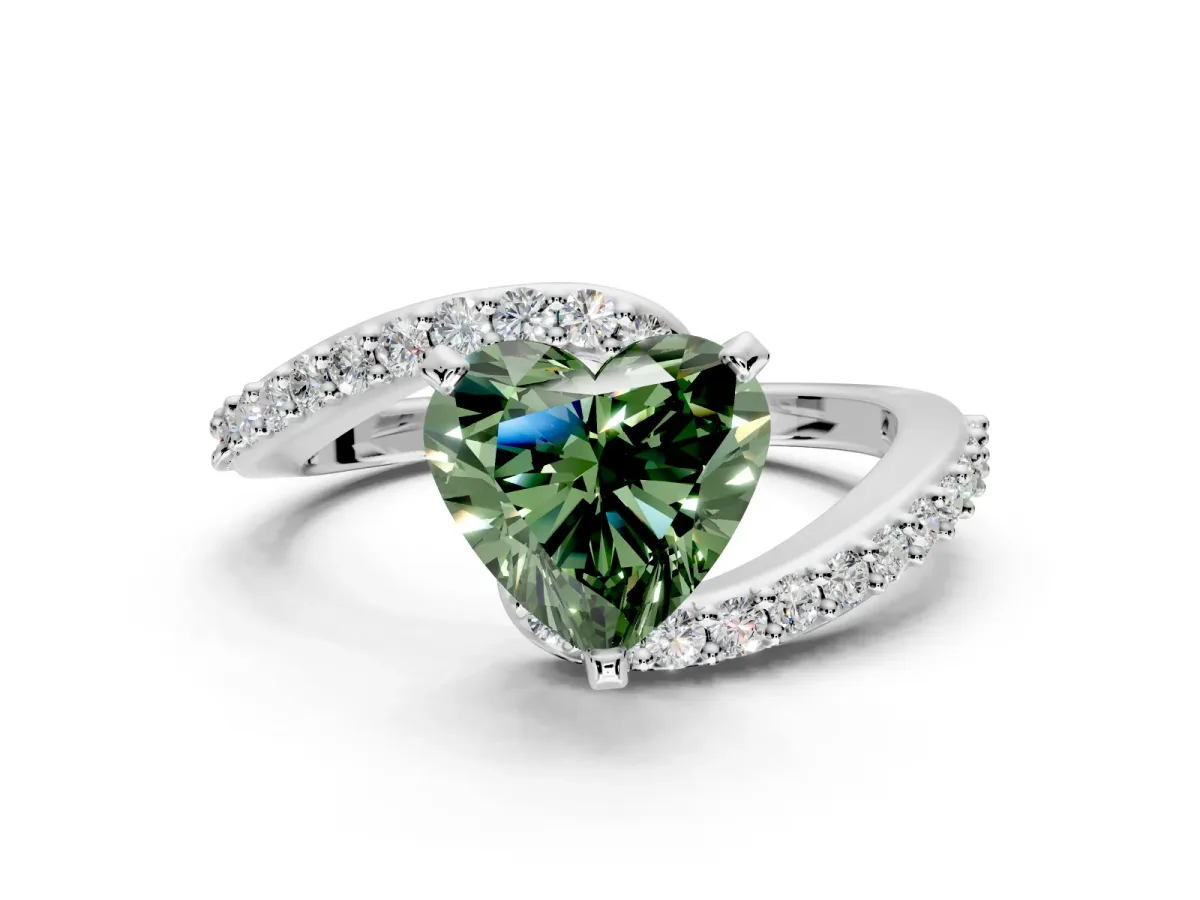 Solitaire Engagement Ring Setting for Fancy Green Heart-Shaped Center with Pave Bypass Swirl Band and Prong Head in Sterling Silver