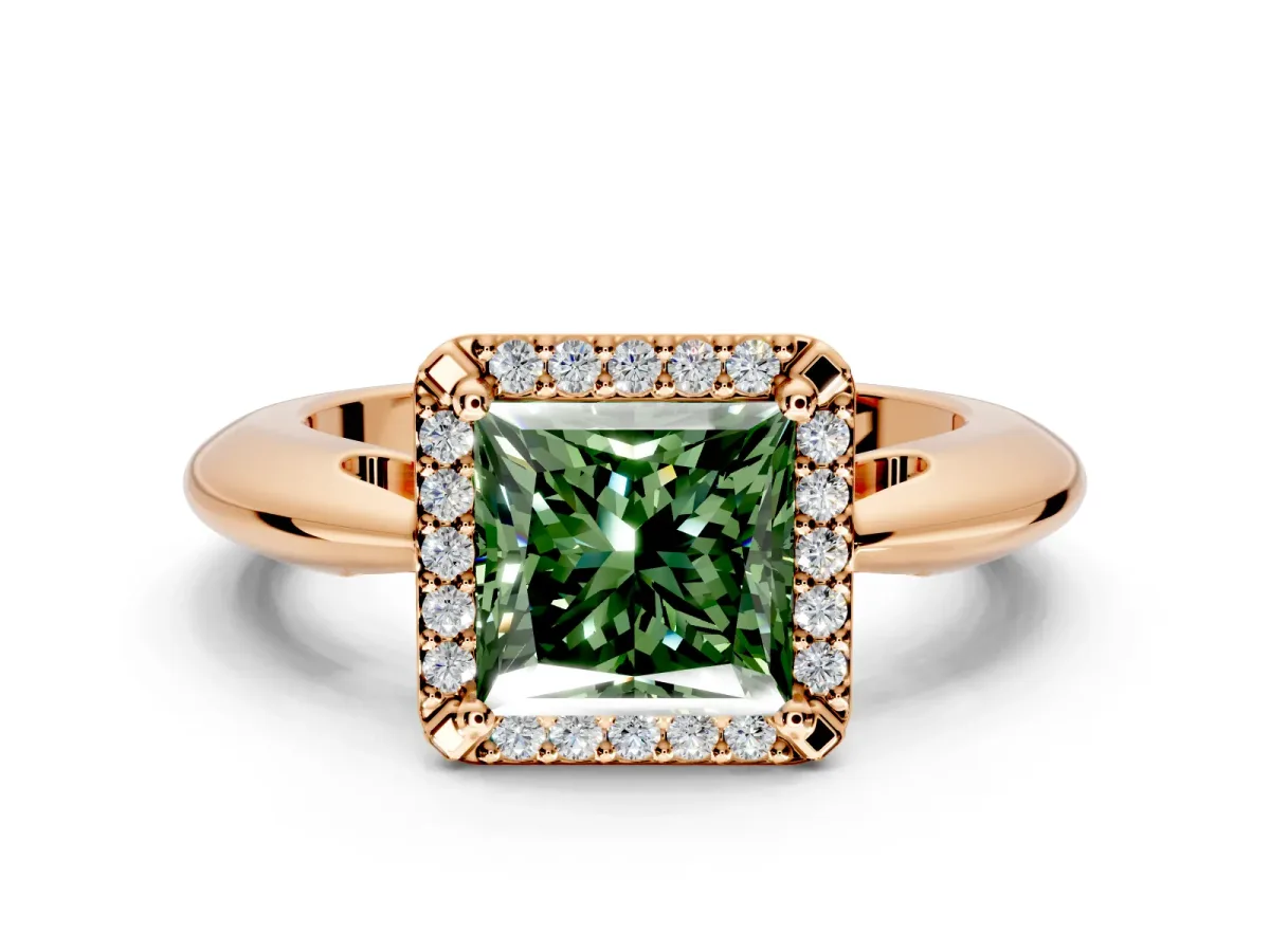 Halo Engagement Ring Setting for Fancy Green Princess Cut Center with Tapered Plain Band and Prong Head in Rose Gold