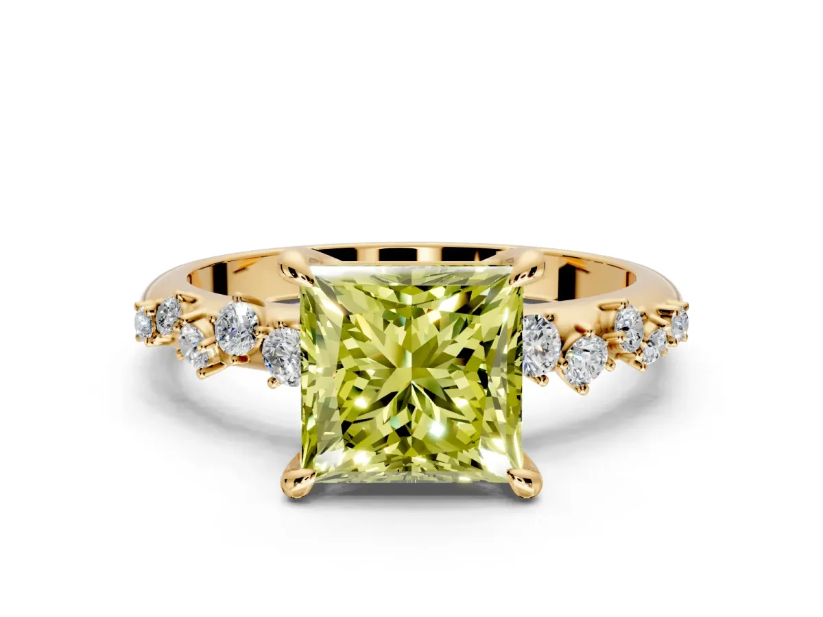 Solitaire Engagement Ring Setting for Fancy Yellow Princess Cut Center with Trailing Leaf Accent Band and Prong Head in Yellow Gold