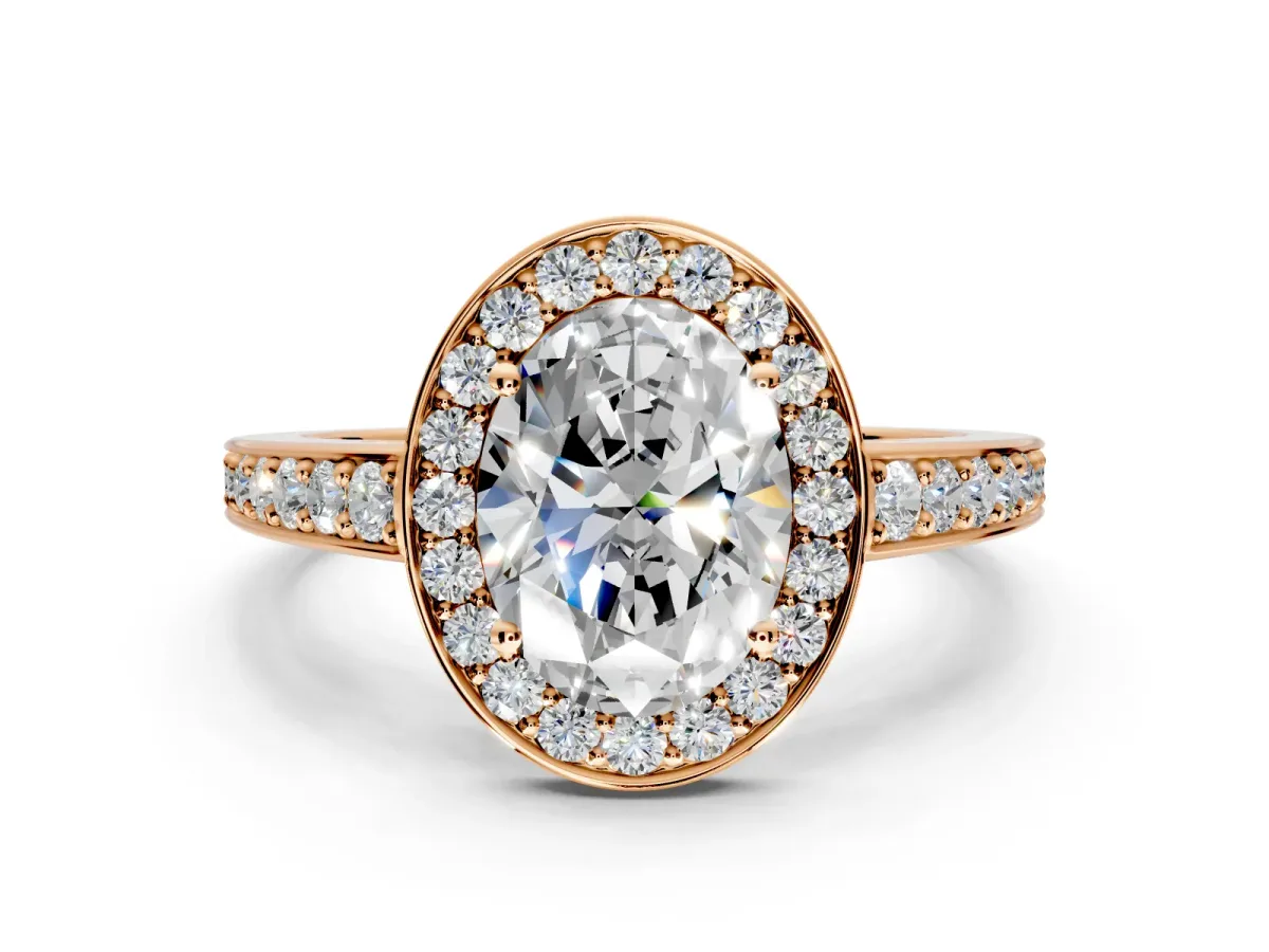 Bezel-Framed Halo Engagement Ring Setting for Oval Center with Pave Band and Prong Head in Rose Gold