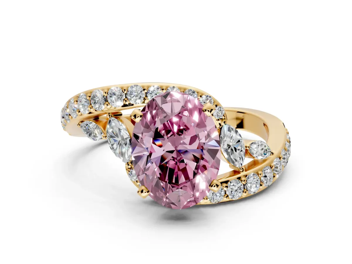 Solitaire Engagement Ring Setting for Fancy Pink Oval Center with Pave Bypass Twist Band and Prong Head in Yellow Gold