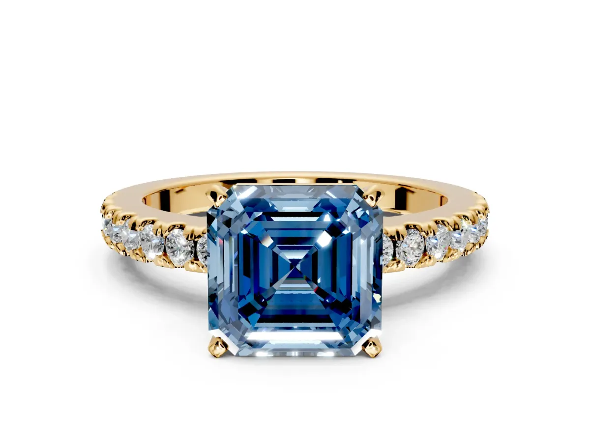 Solitaire Engagement Ring Setting for Fancy Blue Asscher Cut Center with Single Row Accent Band and Prong Head in Yellow Gold