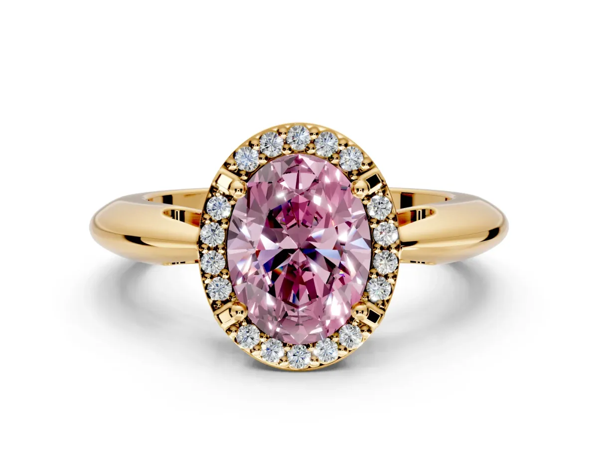 Halo Engagement Ring Setting for Fancy Pink Oval Center with Tapered Plain Band and Prong Head in Yellow Gold