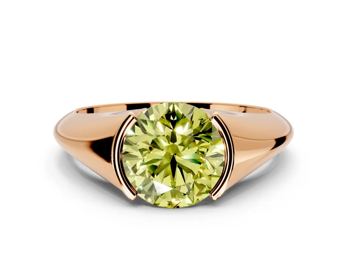 Tension Engagement Ring Setting for Fancy Yellow Round Cut Center with Wide Tapered Band and Tension Head in Rose Gold