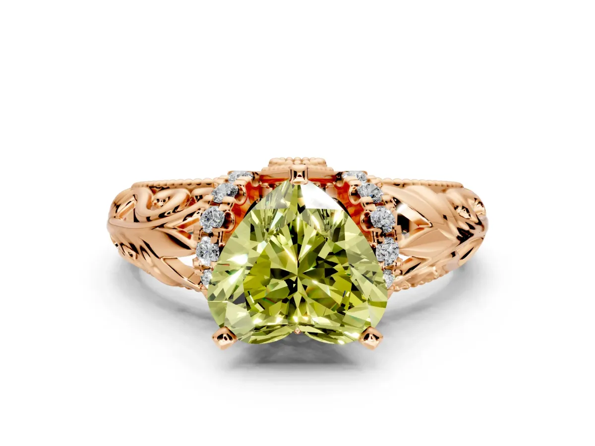 Solitaire Engagement Ring Setting for Fancy Yellow Heart-Shaped Center with Filigree Accent Basket and Prong Head in Rose Gold