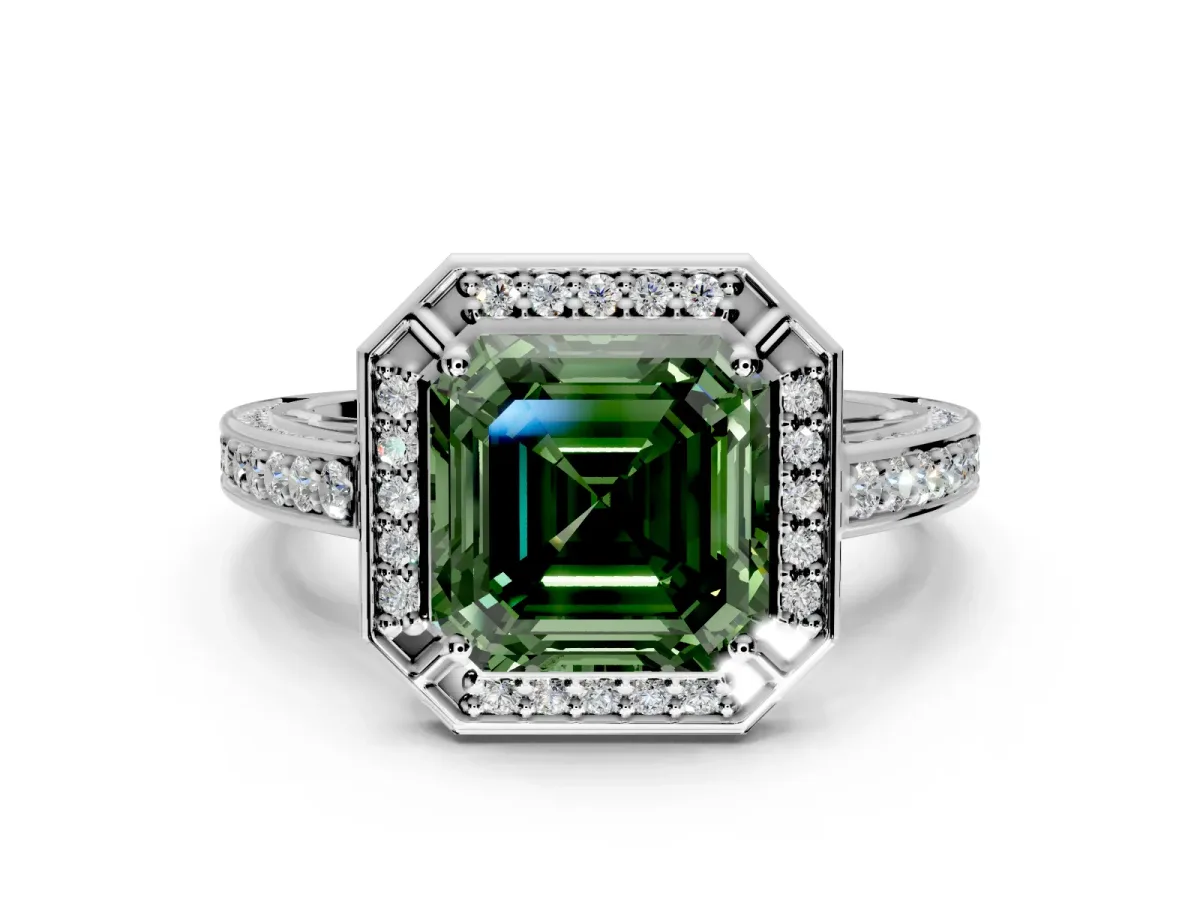 Halo Engagement Ring Setting for Fancy Green Asscher Cut Center with Framed Halo, Pave Band and Prong Head in Platinum
