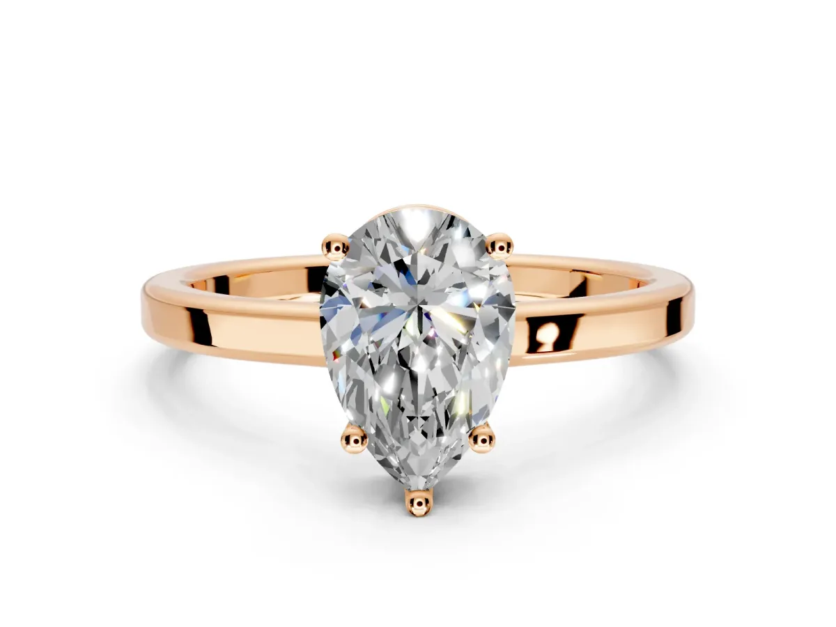 Hidden Halo Engagement Ring Setting for Pear-Shaped Center with Wide Flat Plain Band and Prong Head in Rose Gold