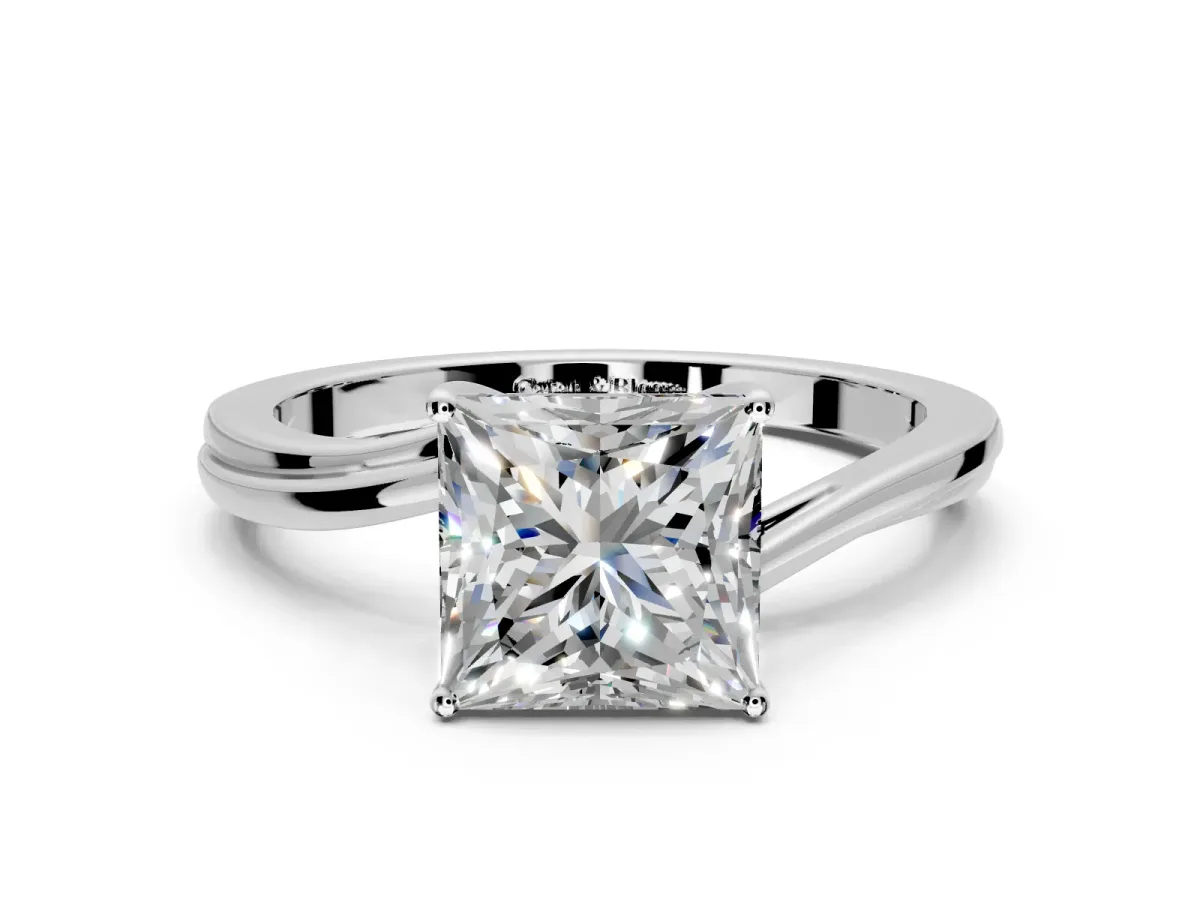 Solitaire Engagement Ring Setting for Princess Cut Center with Plain Bypass Twist Band and Prong Head in Platinum