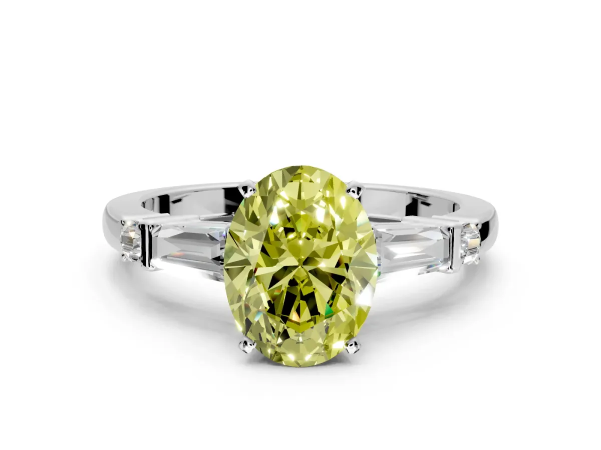 Bar-Set Engagement Ring Setting for Fancy Yellow Oval Center with Tapered Baguette Accents and Prong Head in Platinum