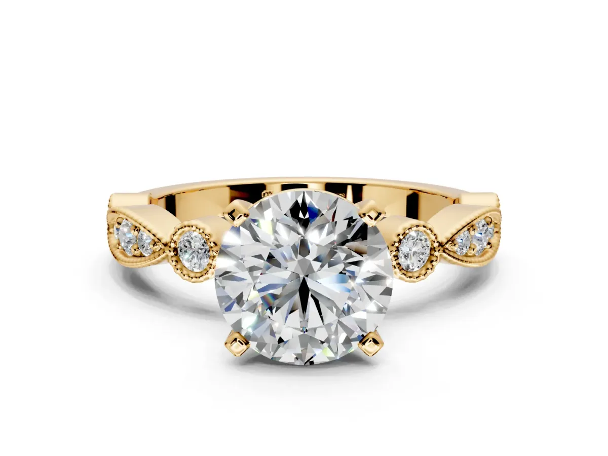 Solitaire Engagement Ring Setting for Round Cut Center with Milgrain Bezel Accents and Prong Head in Yellow Gold