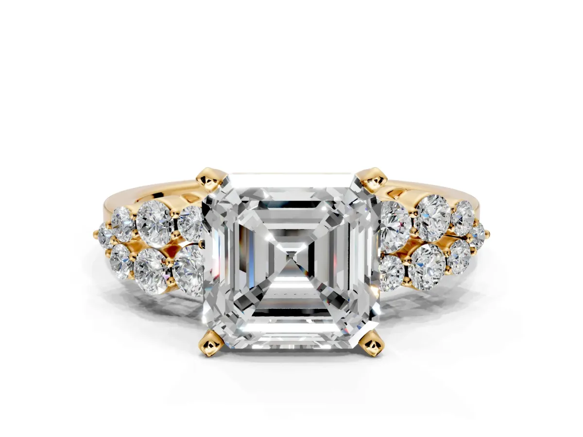 Cluster Engagement Ring Setting for Asscher Cut Center with 2-Row Shoulder Clusters and Prong Head in Yellow Gold