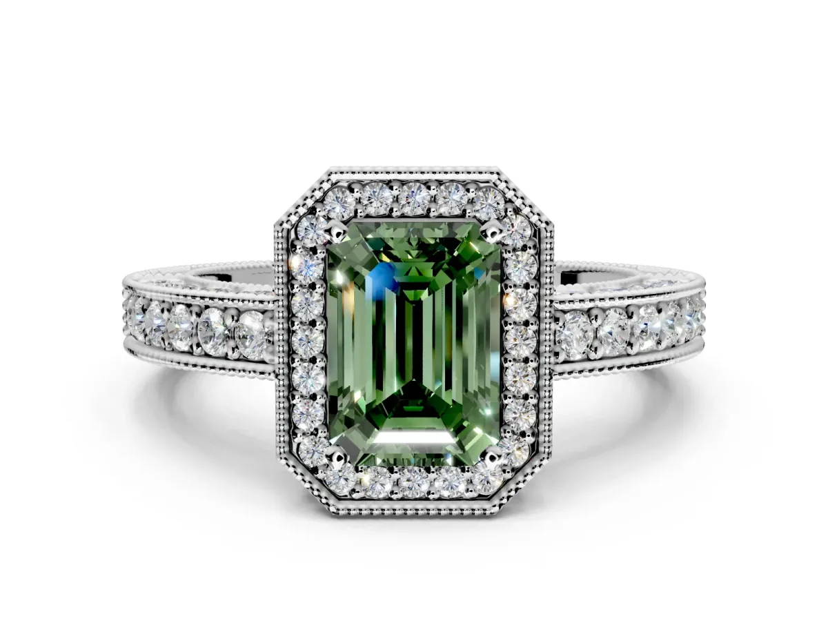 Milgrain Halo Engagement Ring Setting for Fancy Green Emerald Cut Center with Wide Pave Band and Prong Head in Platinum