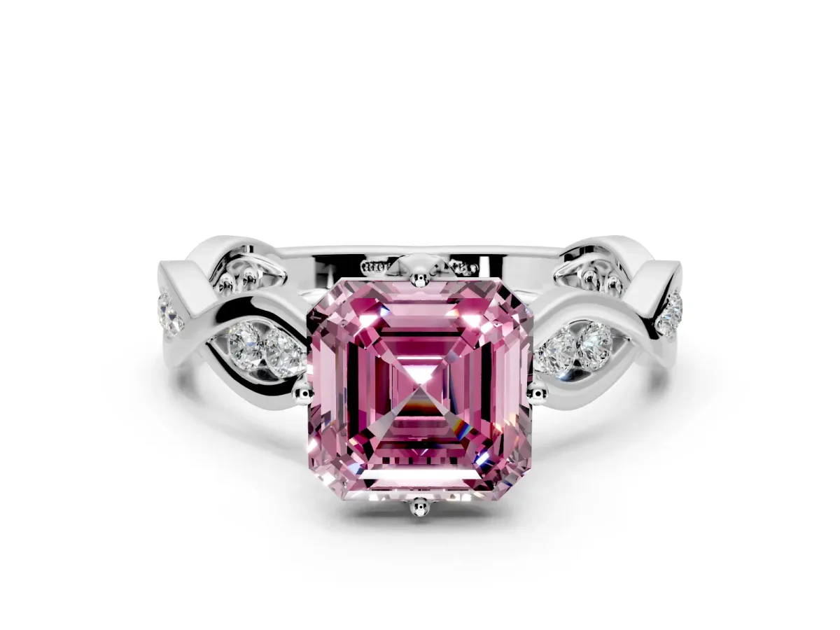 Solitaire Engagement Ring Setting for Fancy Pink Asscher Cut Center with Accented Twist Band and Leaf Prong Head in Platinum