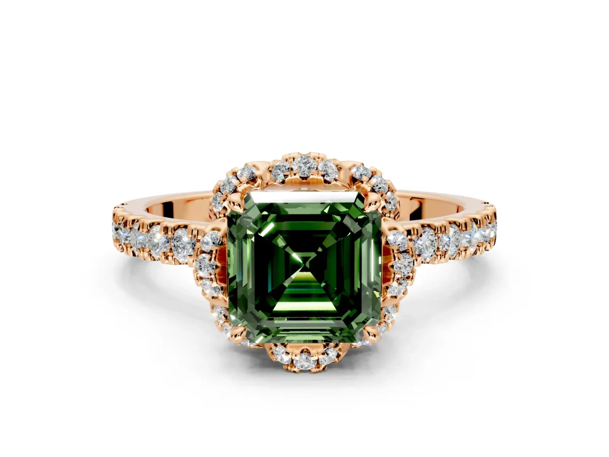 Floral Halo Engagement Ring Setting for Fancy Green Asscher Cut Center with Pave Band and Prong Head in Rose Gold