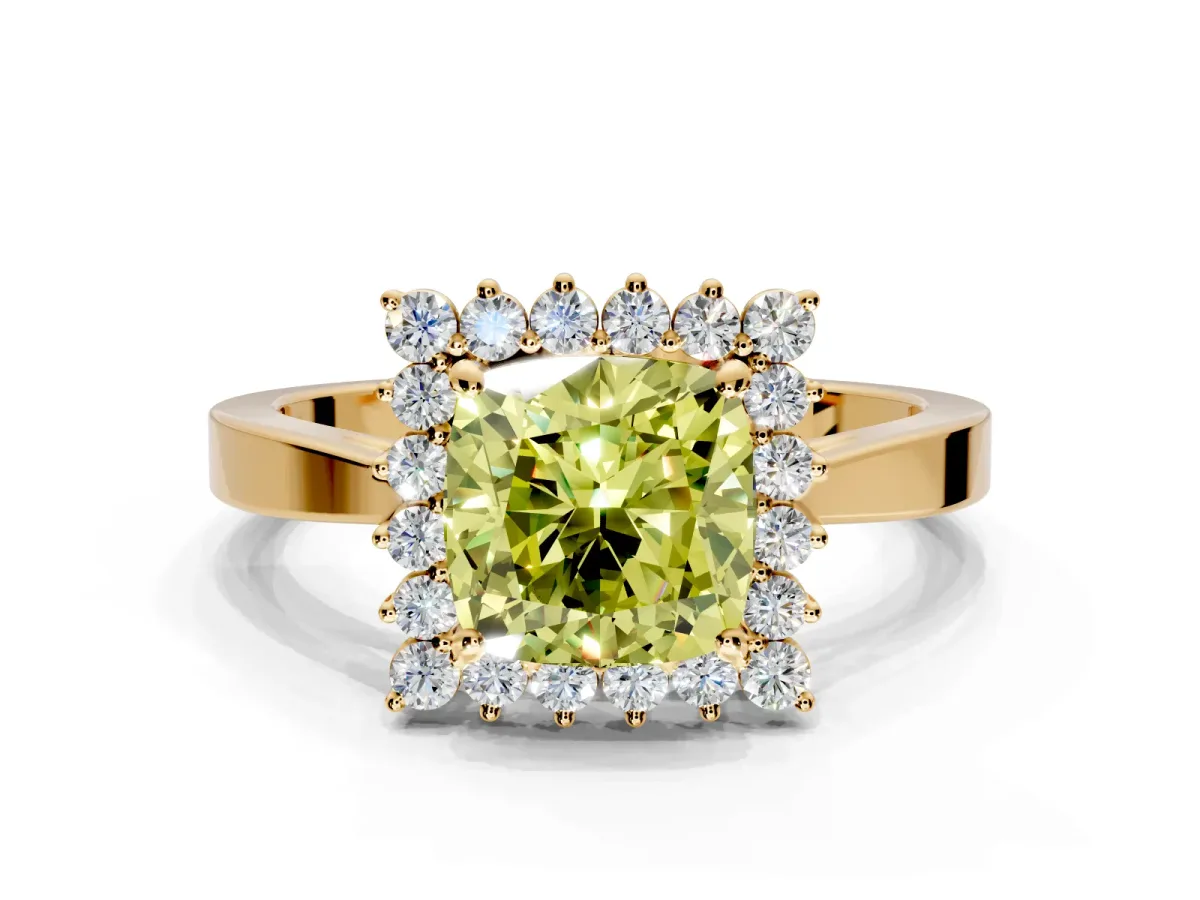 Starburst Halo Engagement Ring Setting for Fancy Yellow Cushion Cut Center with Flat Cathedral Band and Prong Head in Yellow Gold