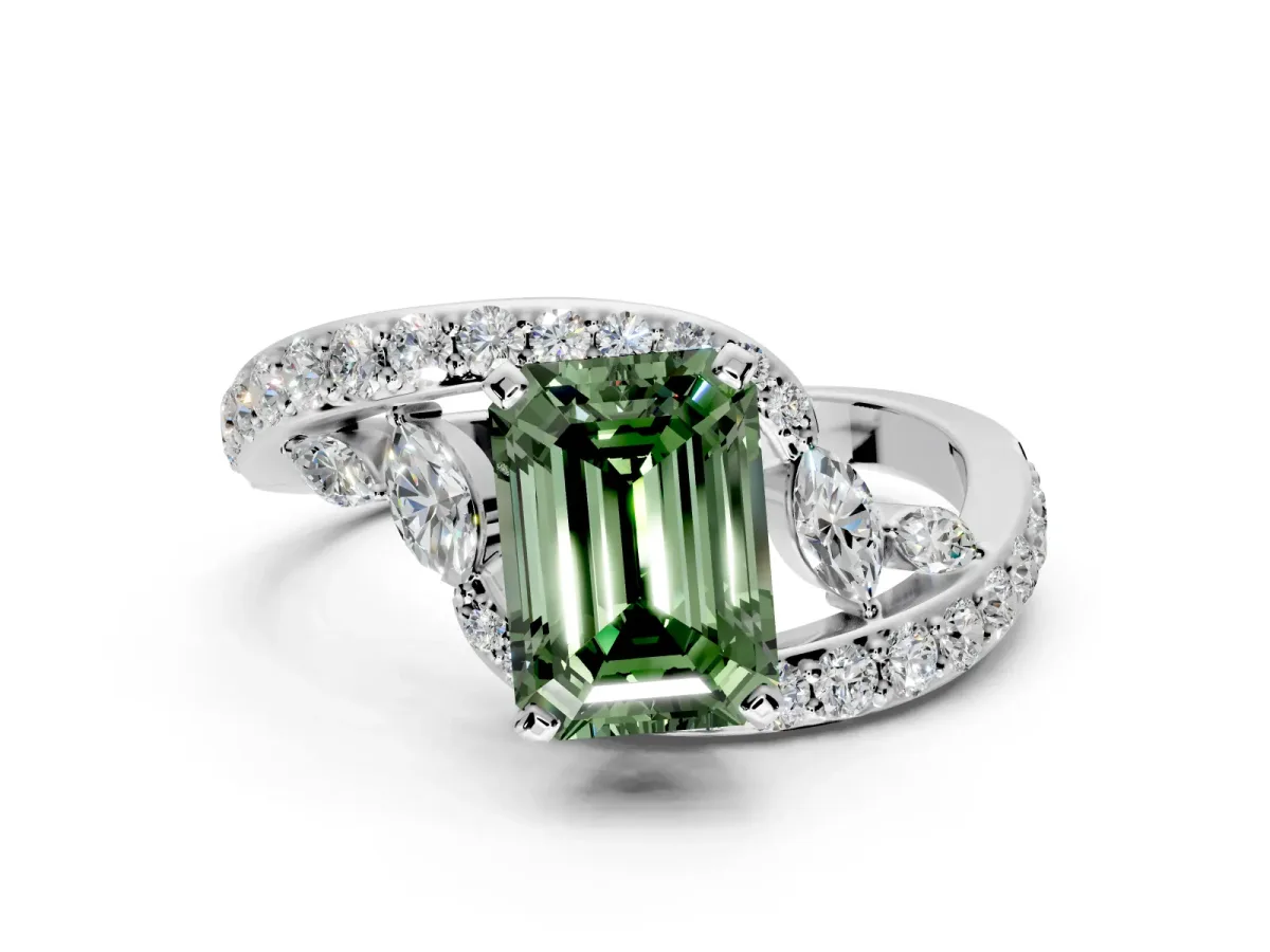 Solitaire Engagement Ring Setting for Fancy Green Emerald Cut Center with Pave Bypass Twist Band and Prong Head in Sterling Silver