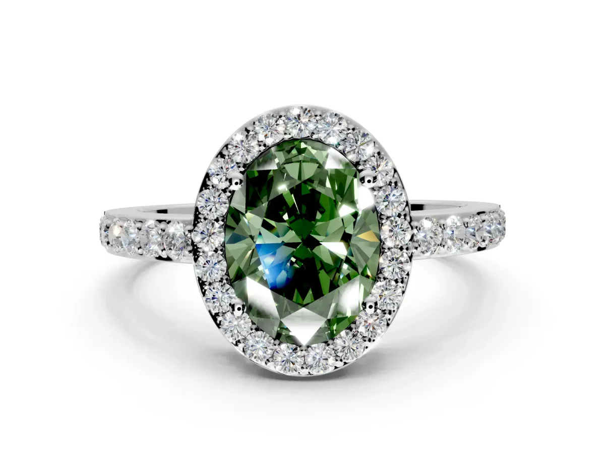 Halo Engagement Ring Setting for Fancy Green Oval Center with Heart-Shaped Openwork, Pave Band and Prong Head in Sterling Silver