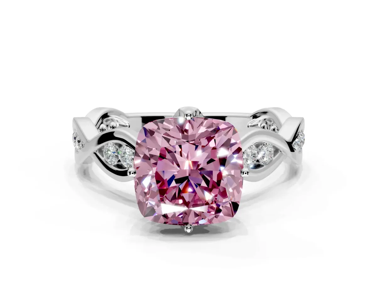 Solitaire Engagement Ring Setting for Fancy Pink Cushion Cut Center with Accented Twist Band and Leaf Prong Head in White Gold