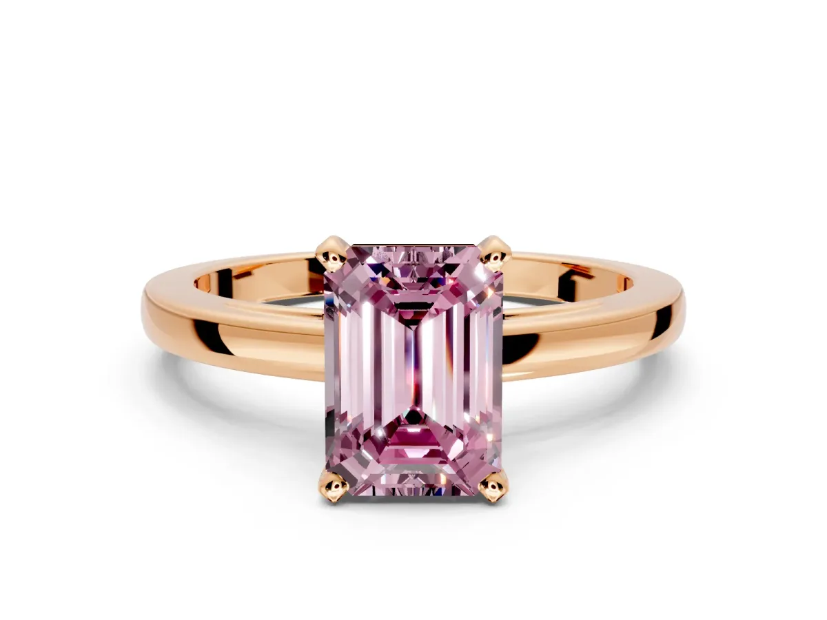 Solitaire Engagement Ring Setting for Fancy Pink Emerald Cut Center with Basket Rail and Prong Head in Rose Gold