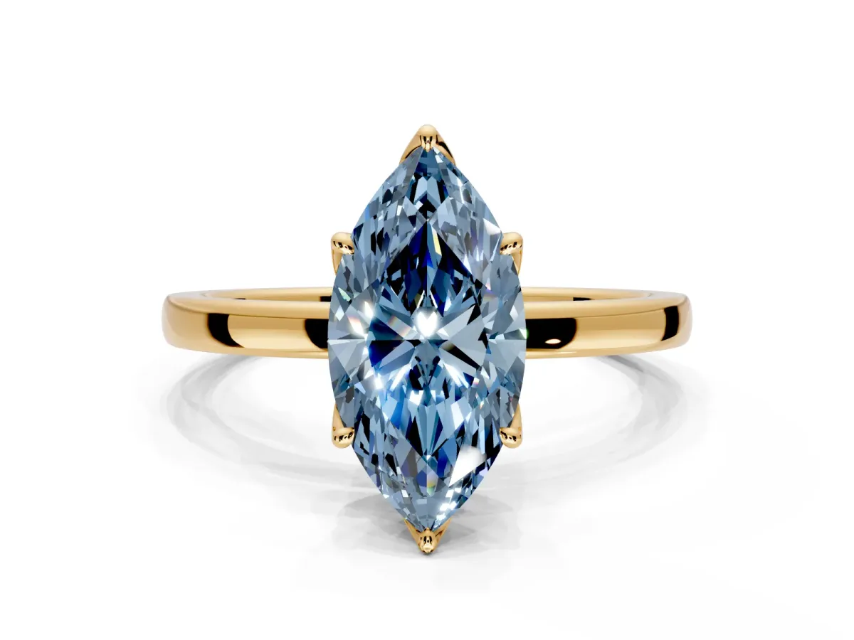 Solitaire Engagement Ring Setting for Fancy Blue Marquise Center with Thin Rounded Plain Band and Prong Head in Yellow Gold