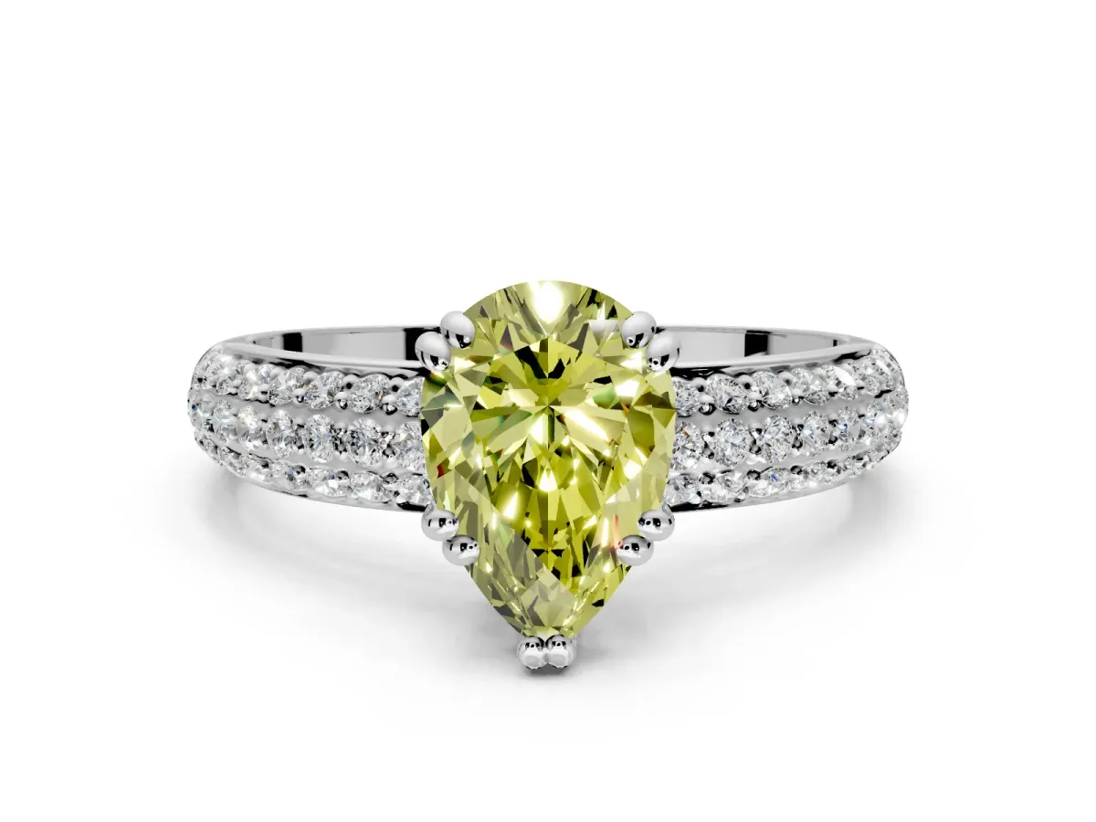 Solitaire Engagement Ring Setting for Fancy Yellow Pear-Shaped Center with Multi-Row Pave Accents and Basket Head in Platinum