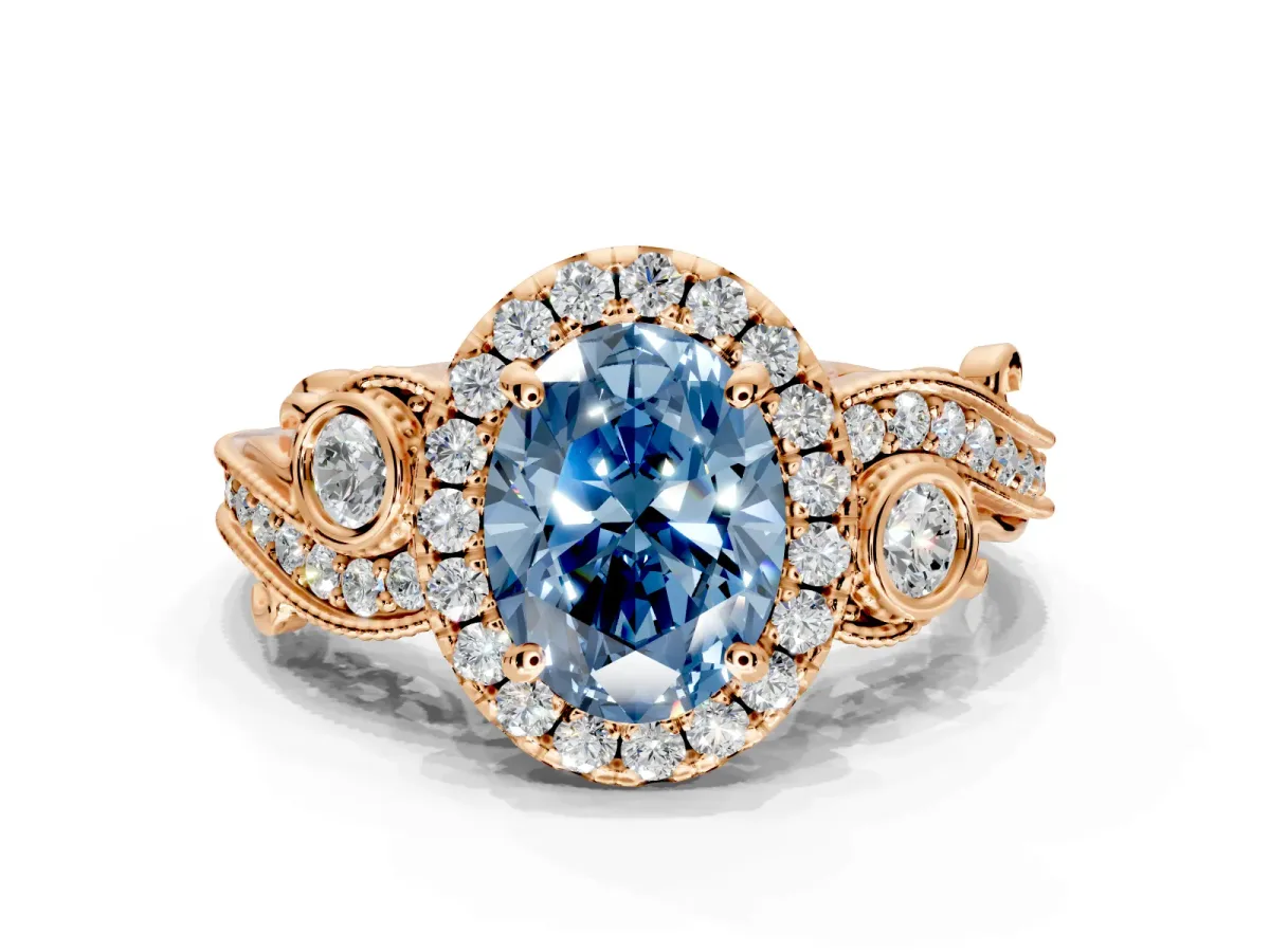 Milgrain Halo Engagement Ring Setting for Fancy Blue Oval Center with Shoulder Bezels and Prong Head in Rose Gold