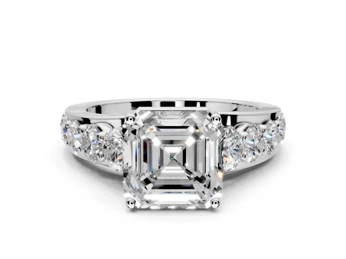 Solitaire Engagement Ring Setting for Asscher Cut Center with Graduated Shared Prongs and Prong Head in Sterling Silver