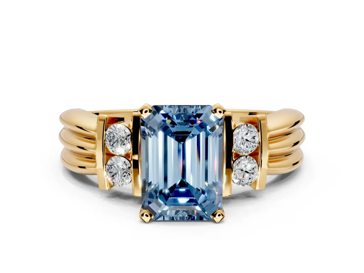 Solitaire Engagement Ring Setting for Fancy Blue Emerald Cut Center with Grooved Bar Accent Band and Prong Head in Yellow Gold