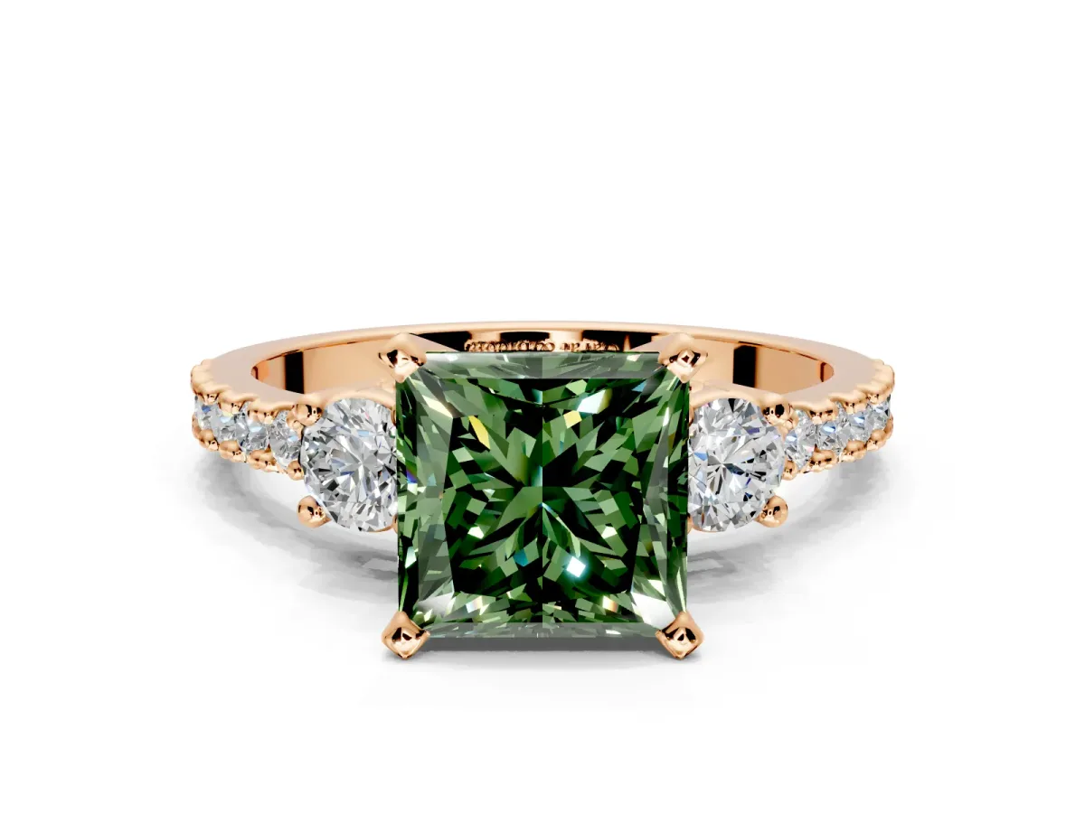 3 Stone Engagement Ring Setting for Fancy Green Princess Cut Center with Round Cut Side Accents and Prong Head in Rose Gold