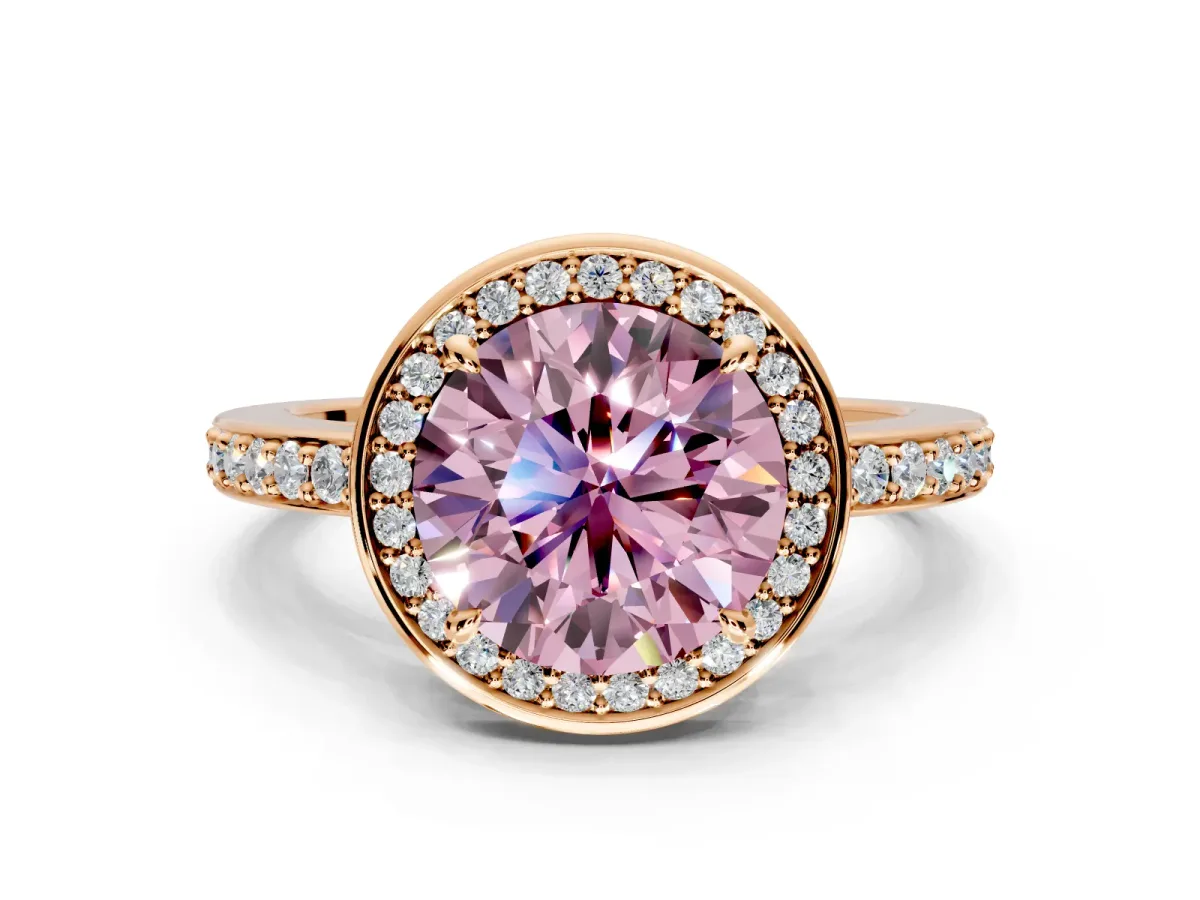Halo Engagement Ring Setting for Fancy Pink Round Cut Center with Metal-Rimmed Halo, Pave Band and Prong Head in Rose Gold