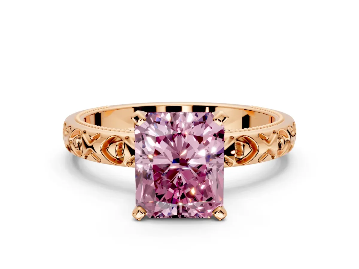 Solitaire Engagement Ring Setting for Fancy Pink Radiant Cut Center with XO Engraved Band and Prong Head in Rose Gold