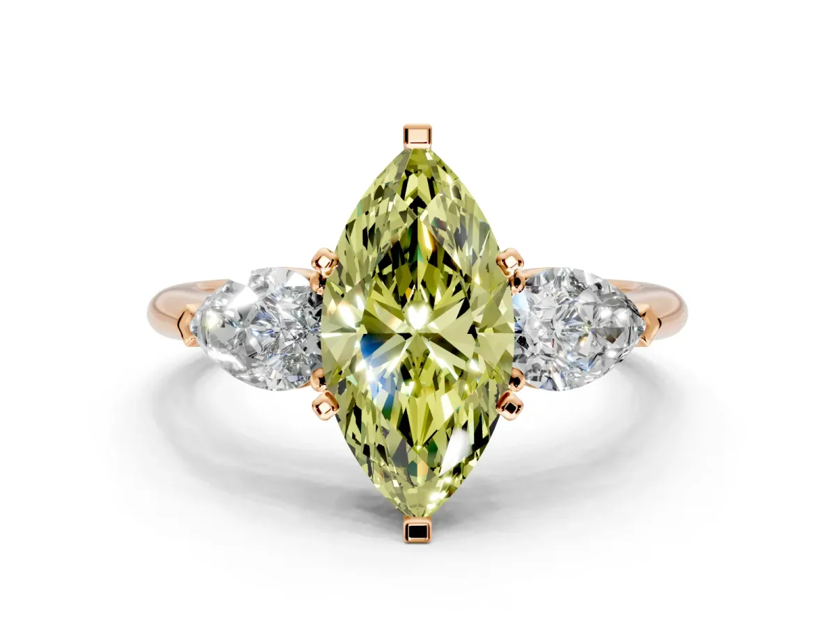 3 Stone Engagement Ring Setting for Fancy Yellow Marquise Center with Large Pear-Shaped Accents and Prong Head in Rose Gold