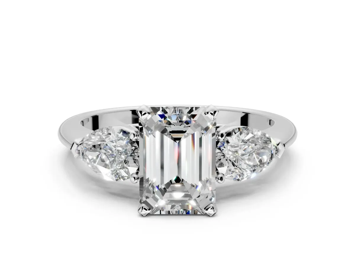 3 Stone Engagement Ring Setting for Emerald Cut Center with Large Pear-Shaped Accents and Prong Head in Platinum
