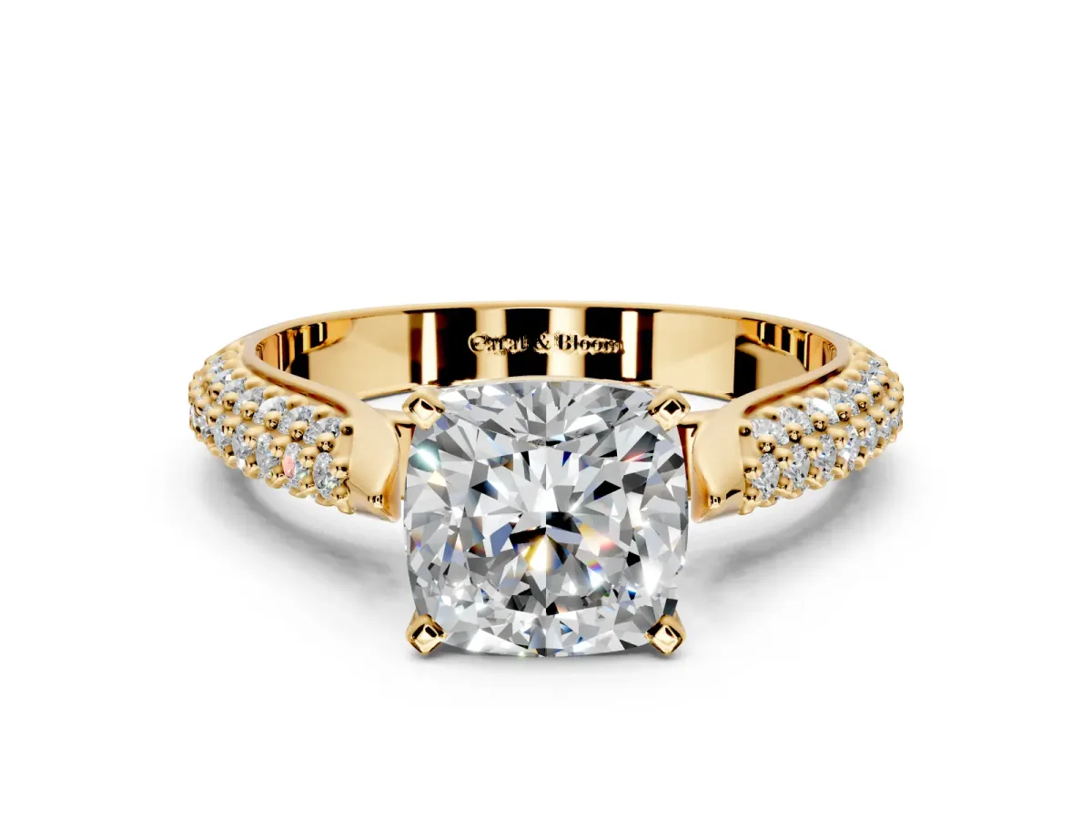 Solitaire Engagement Ring Setting for Cushion Cut Center with Multi-Row Accents and Prong Head in Yellow Gold