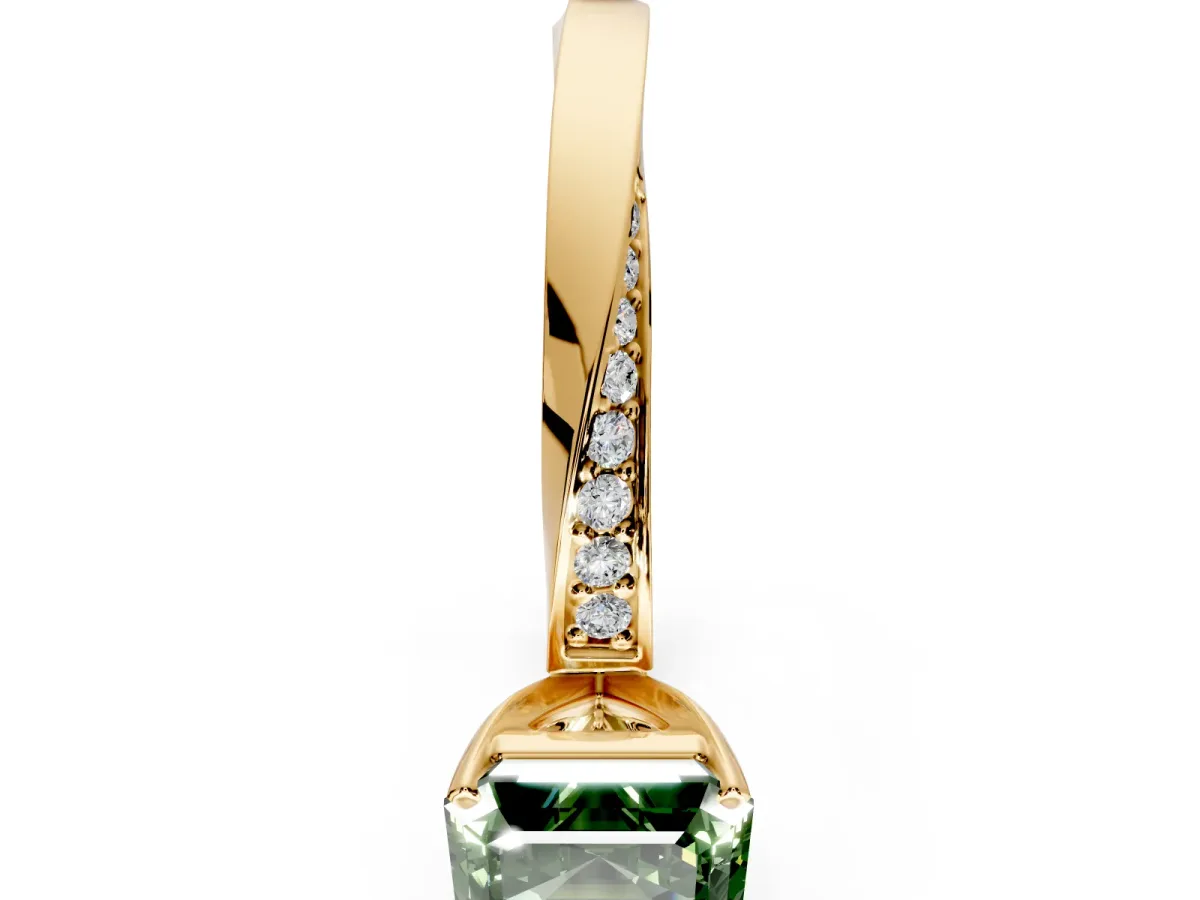 Side Accent Engagement Ring Setting for Fancy Green Asscher Cut Center with Accent Shoulders and Prong Head in Yellow Gold