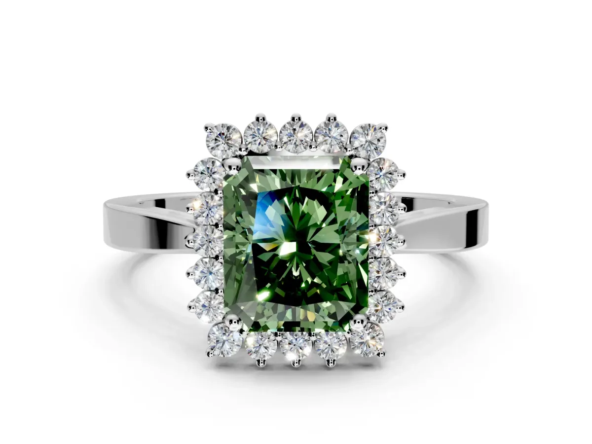 Starburst Halo Engagement Ring Setting for Fancy Green Radiant Cut Center with Flat Cathedral Band and Prong Head in Sterling Silver