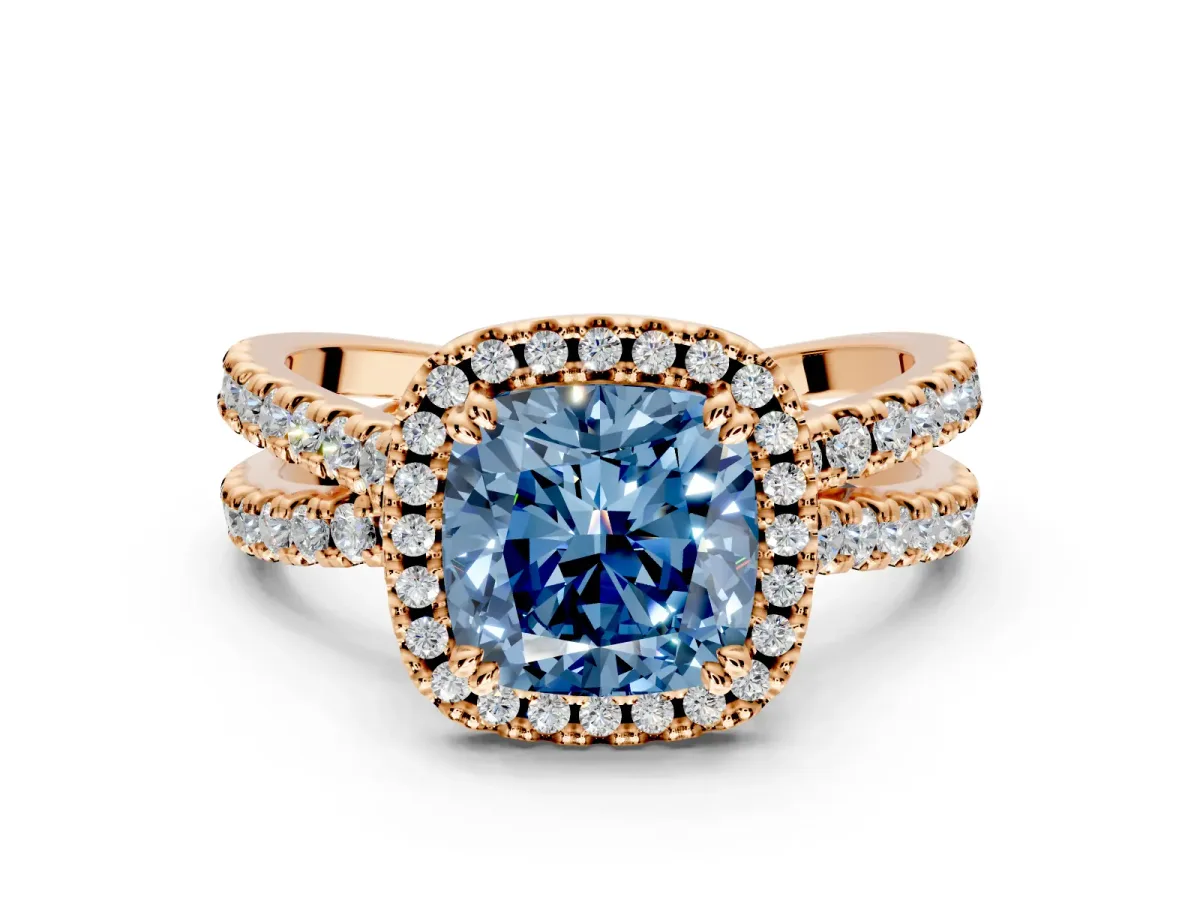 Halo Engagement Ring Setting for Fancy Blue Cushion Cut Center with Double Pave Split Shank and Prong Head in Rose Gold