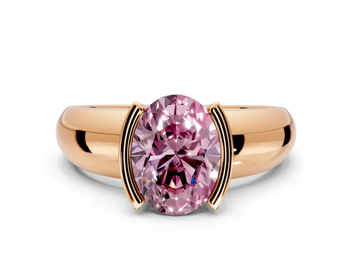 Tension Engagement Ring Setting for Fancy Pink Oval Center with Wide Flat Band and Tension Head in Rose Gold