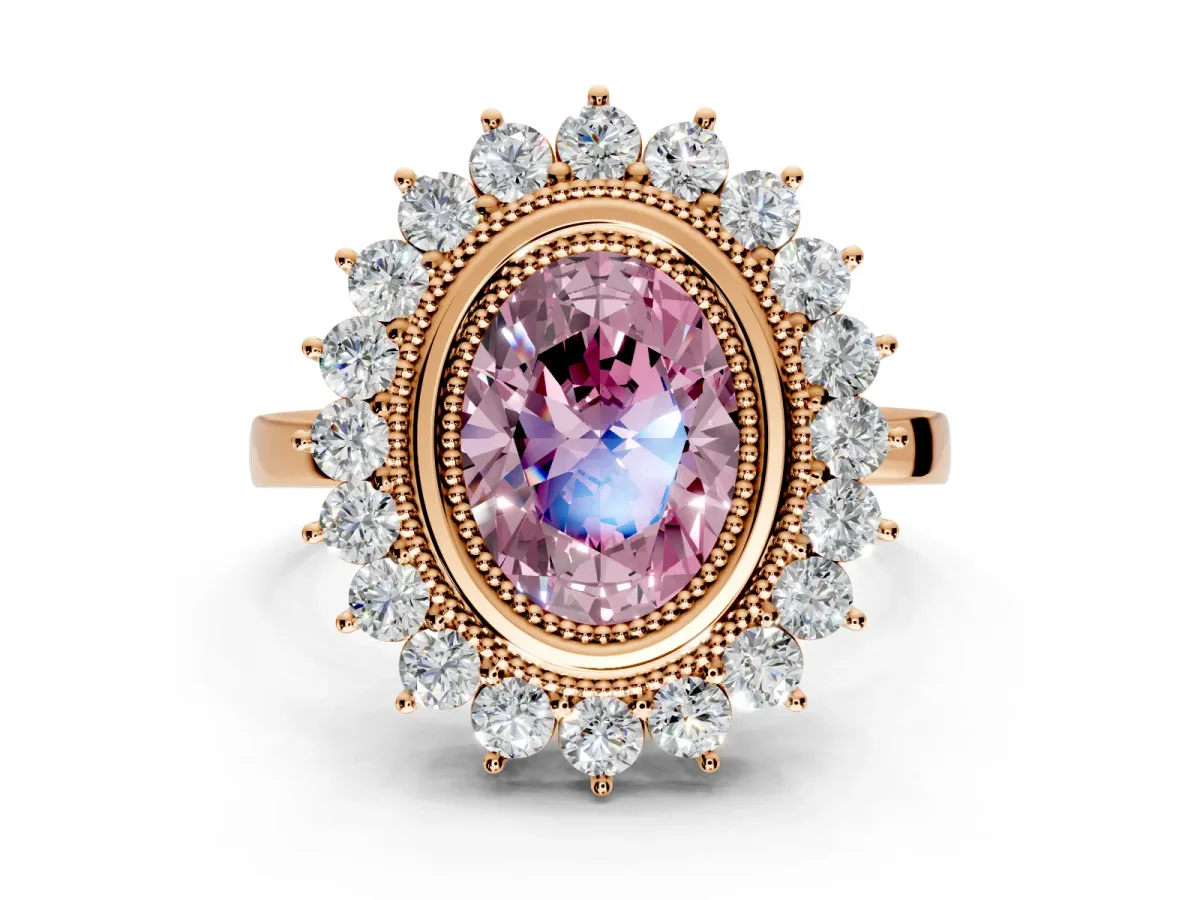 Halo Engagement Ring Setting for Fancy Pink Oval Center with Milgrain Bezel Rim, Plain Band and Prong Head in Rose Gold